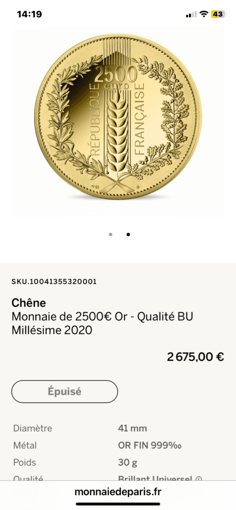 “Estimation de la valeur d’une monnaie en or 999, datée de 2020 et intitulée Chene de Qualité Brillant Universel”