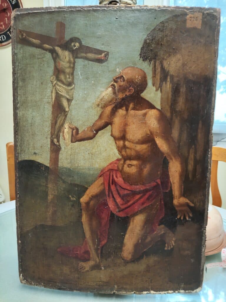 Estimation d’une peinture religieuse sur bois représentant un homme et un Estimation d’une peinture religieuse sur bois représentant un homme et un